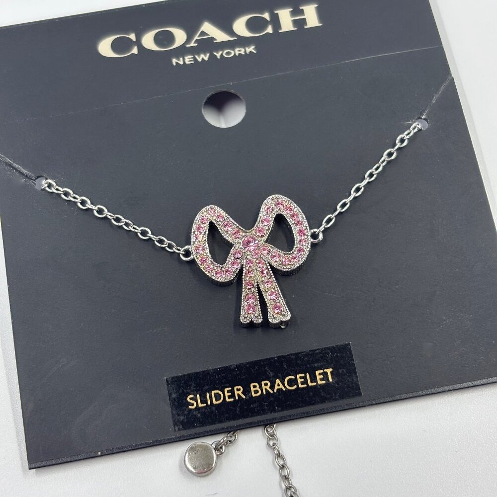 NWT Coach Pavé Pink and Sliver Bow Slider Bracelet Valentines Day Coquette Gift
